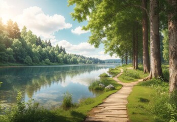 Fototapeta na wymiar Natural background of beautiful forest trees lake path and landscapes