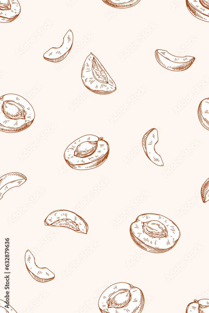 Poster seamless apricot pattern. monochrome fruits, repeating print in vintage retro drawing style. hand-dr