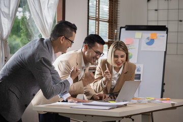 Group of business team working with analysis financial data visualization tech for marketing...