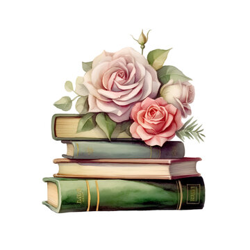 Illustration book stack cute with flowers. Generative AI, png image