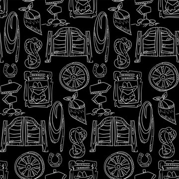 A pattern of western elements in a contour style on a black background. Doors, snake, lasso, bandana, direction indicator, wheel, horseshoe, search and other details. Packing for the party