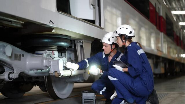 Engineers inspecting locomotive in railway engineering facility