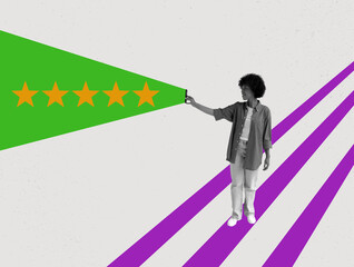 A collage where girl is holding a phone and five stars as a symbol of customer rating.