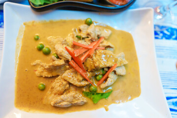 Pork Panang Curry with Coconut milk, Red savory curry paste with pork,Traditional and Famous Street food in Thailand