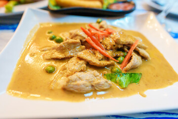 Pork Panang Curry with Coconut milk, Red savory curry paste with pork,Traditional and Famous Street food in Thailand