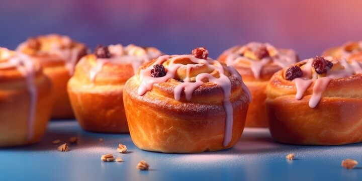Delicious cinnabon. Appetizing buns on pastel background. Generative AI