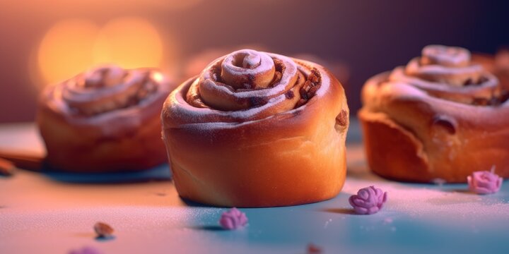 Delicious cinnabon. Appetizing buns on pastel background. Generative AI