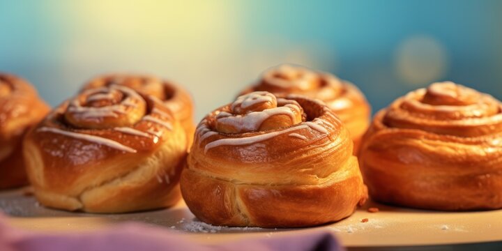 Delicious cinnabon. Appetizing buns on pastel background. Generative AI