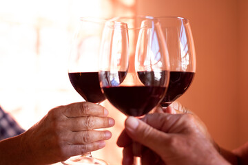 Hands of caucasian man and women clink globet glasses with red wine