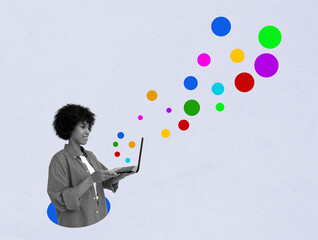 Collage with woman working on a laptop and colorful circles as a symbol of new ideas and creativity...