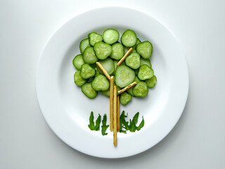 Healthy and fun food for kids, food serving for kids, tree, vegetables, cucumber
