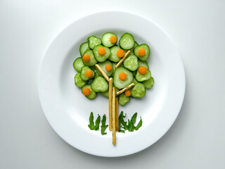 Healthy and fun food for kids, food serving for kids, tree, vegetables, cucumber, carrot