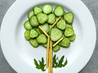Healthy and fun food for kids, food serving for kids, tree, vegetables, cucumber