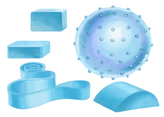 A set of sports equipment for gymnastics. Sports blocks, stretching band, fitness ball and back roller. Color illustration for brochure printing or sports school website design.