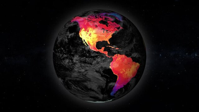 Animation of planet earth rotating with America USA thermo map showing temperature rising global warming, view from the space