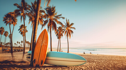 Surfboard and palm tree on beach background