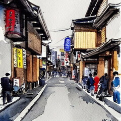 日本の下町の路地　水彩画 - obrazy, fototapety, plakaty
