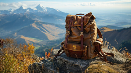 an old vintage leather backpack stands on a rock in the background you can see snow-covered mountains. hiking and trekking concept. Generative AI - obrazy, fototapety, plakaty