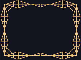 Art deco frame. Vintage linear border in gold color on a black background. Design a template for invitations, leaflets and greeting cards. The style of the 1920s - 1930s. Vector illustration