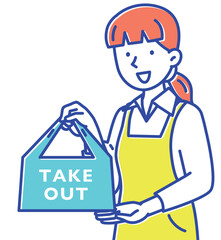 テイクアウト販売をするエプロン姿の若い女性スタッフ