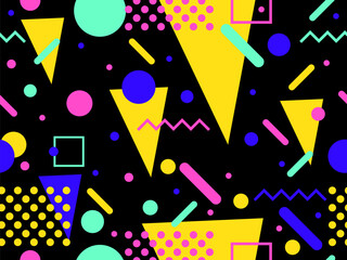 Memphis seamless pattern with geometric shapes in 80s style. Colorful geometric pattern. Design of promotional products, wrapping paper and printing. Vector illustration