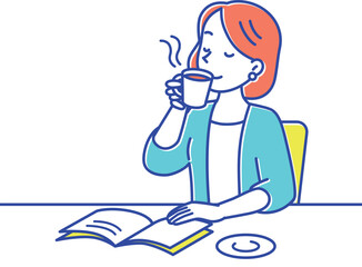 カフェでゆったりとコーヒーを楽しむ若い女性