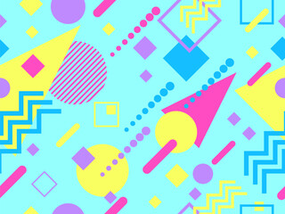 Memphis seamless pattern with geometric shapes in 80s style. Colorful geometric pattern. Design of promotional products, wrapping paper and printing. Vector illustration