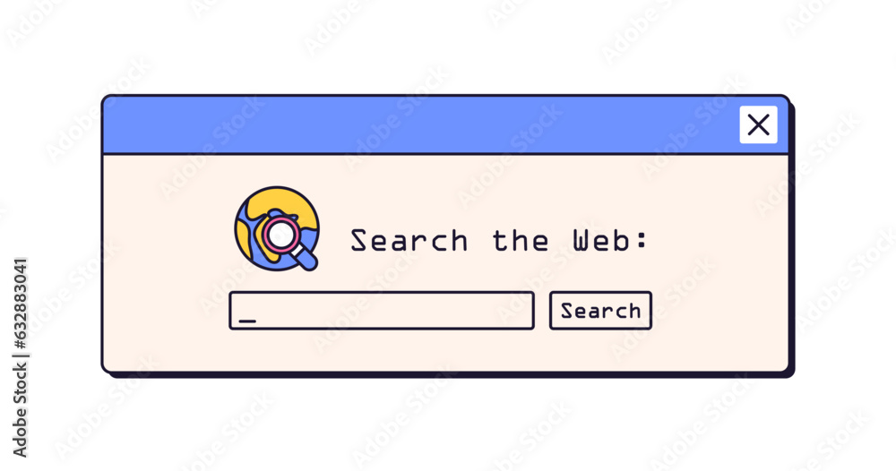 Poster Retro dialog window, web search. Browser bar, message box for surfing internet network in 90s, 00s. Computer UI element in nineties style. Flat graphic vector illustration isolated on white background