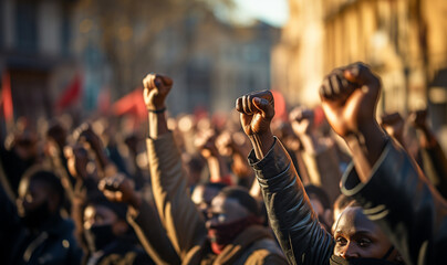 Fototapeta na wymiar BLM raised fist for anti-racism protest against racial inequality. Black lives matter demonstration.Arms and fists raised in the air, protest and demonstration concept. copy space