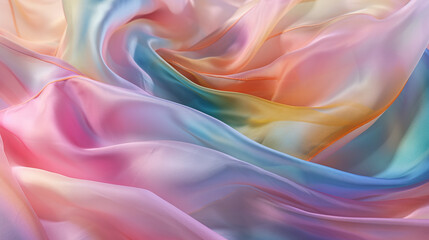 Obraz premium Silk background texture. Flying colorful iridescent clothes. Wavy folded bright organza, shiffon fabric. Ai generated illustration
