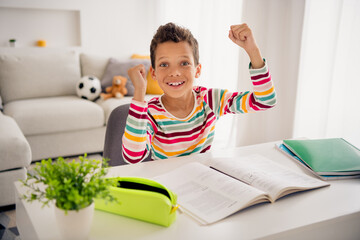 Photo of clever excited school kid boy pass exam get a grade mark raise fists up in class room indoors