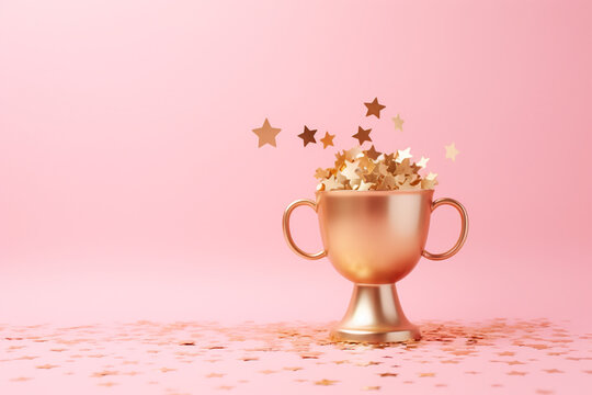 golden winners cup with flying star confetti on a pastel pink background, front view