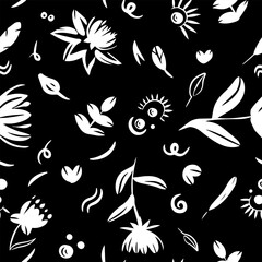 Black and white seamless pattern with floral elements. Floral pattern for textiles, wrapping paper, wallpapers, covers and backgrounds. Floral ornament.