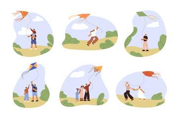 People fly kites set. Happy families with kids, couples playing with flying wind toy in nature. Outdoor leisure activity on summer holiday. Flat vector illustrations isolated on white background