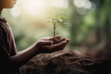 Kid holding young plant in hands against spring background. Ecology concept. AI generative