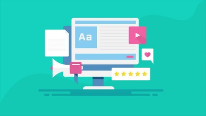 Digital content creation, online marketing blog publication and distribution on social media, internet viral content conceptual video animation.