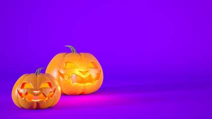 Halloween concept purple background with orange pumpkin jack o lantern 3d rendering.