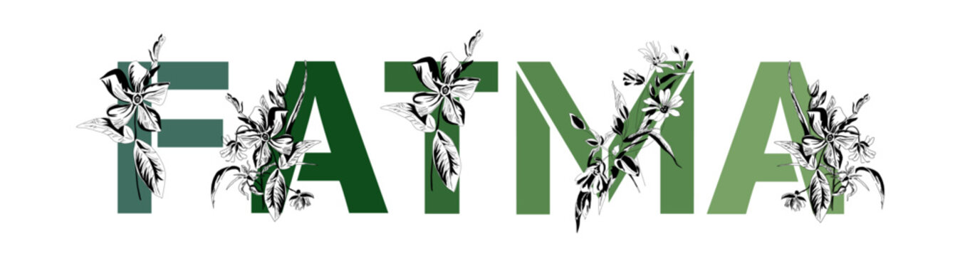 Woman's name Fatma. Font composition named FATMA. Decorative floral font. Typography in the style of art nouveau, modern, vintage.	
