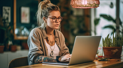 Young woman working on laptop in cafe. Girl with tattoo, designer freelancer or student work on computer laptop at table, AI generative - 632885800