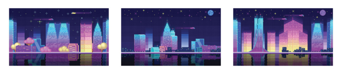 Fototapeta premium Urban setting. Road, ground, landscape, sky, clouds, silhouette city, stars and moon. Background with gradient. 80's wallpaper. Retro future. Urban scene. Night city landscape neon pixel background