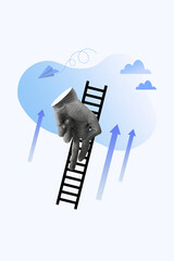 Vertical collage picture of black white colors arm fingers climb ladder upwards clouds sky flying...
