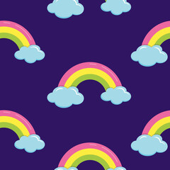 Cloud, rainbow texture. Kids cartoon background. Abstract rainbow graphic design on blue background. Cute fairy tale backdrop. Rainbow fabric print art. Rainbow pattern. illustration. Baby wallpaper.