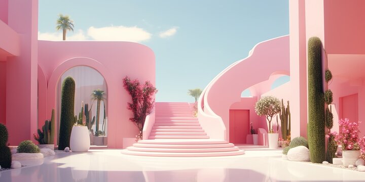 Generative AI, futuristic luxury pink house surrounded by lush greenery