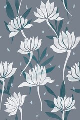 Hand drawn watercolor pattern of white flowers with green ornaments on grey background.