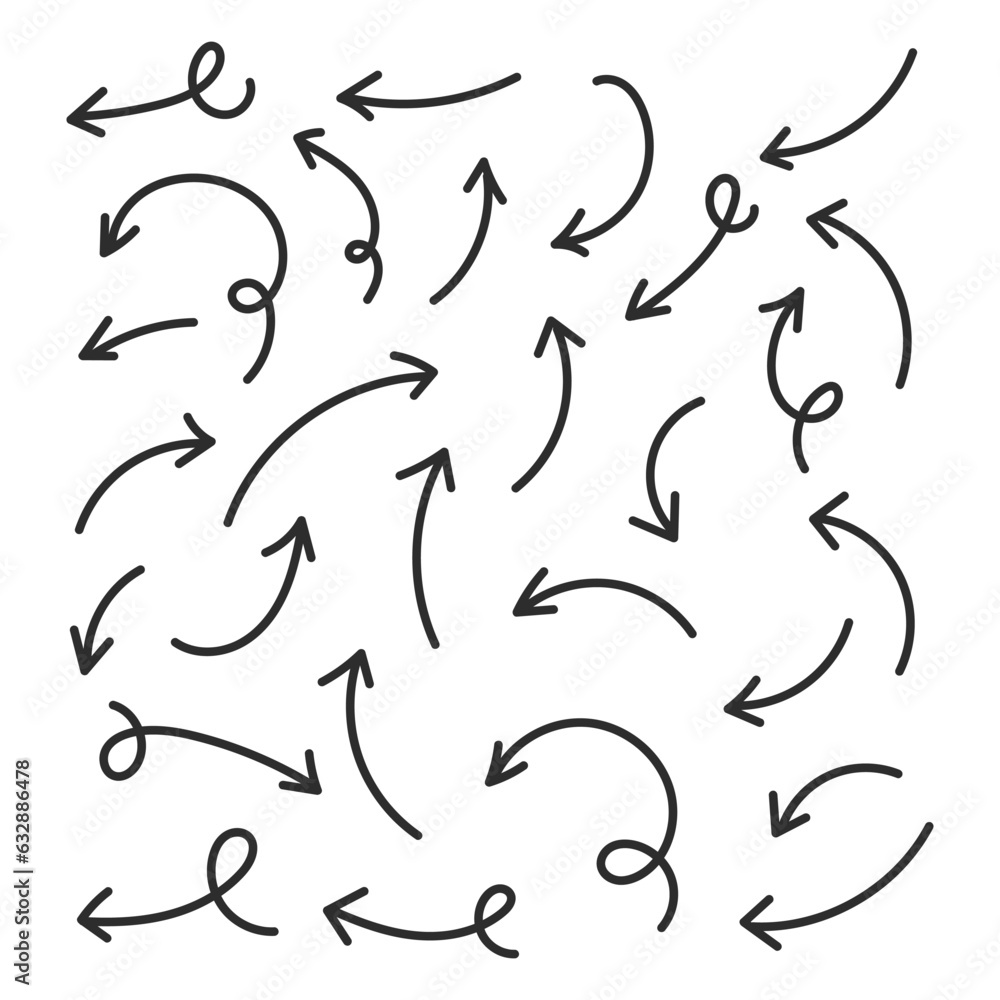 Poster Hand drawn arrows collection Set simple flat arrows isolated on white background. Arrow mark icons and arrow paint. Stock vector. EPS10.