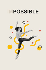 Vertical collage picture of cheerful black white colors girl gymnast jumping painted string...