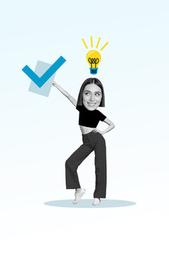 Vertical collage picture of positive black white colors girl big head arm hold check mark icon light bulb above head bright idea