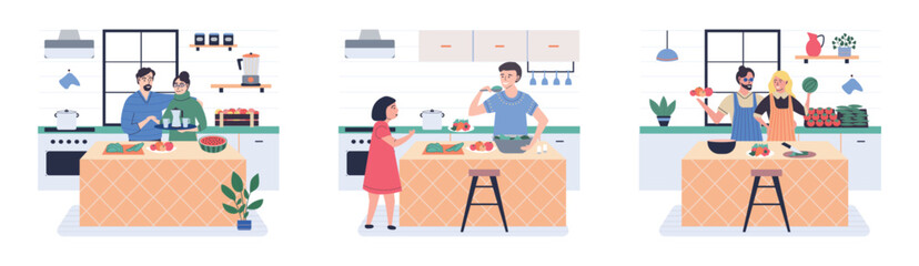 People cooking vegetarian food. Vector illustration. Set of characters cooking meal home. Woman preparing food for dinner. People cooking. Wife preparing healthy alternative from vegetarian nutrition