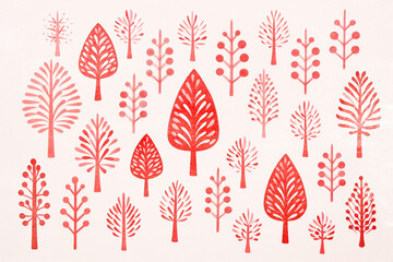 Abstract floral pattern with risograph print texture, minimalism, retro style background design with red trees and plants.