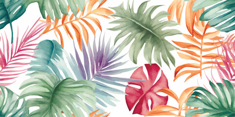 Beautiful autotraced vector seamless pattern with hand drawn watercolor colorful tropical palm leaves. Wallpapper textile fabric design.
